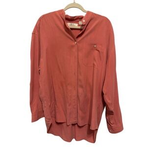 First Issue Silk Mandarin Collar Button Front Blouse Coral M